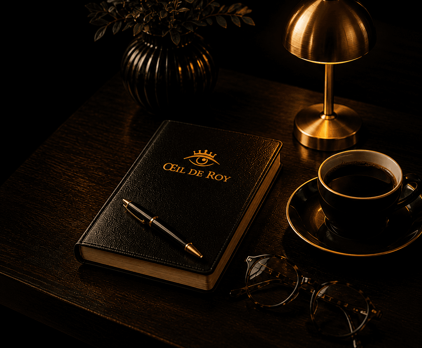 Bureau avec carnet Œil de Roy, café et lampe