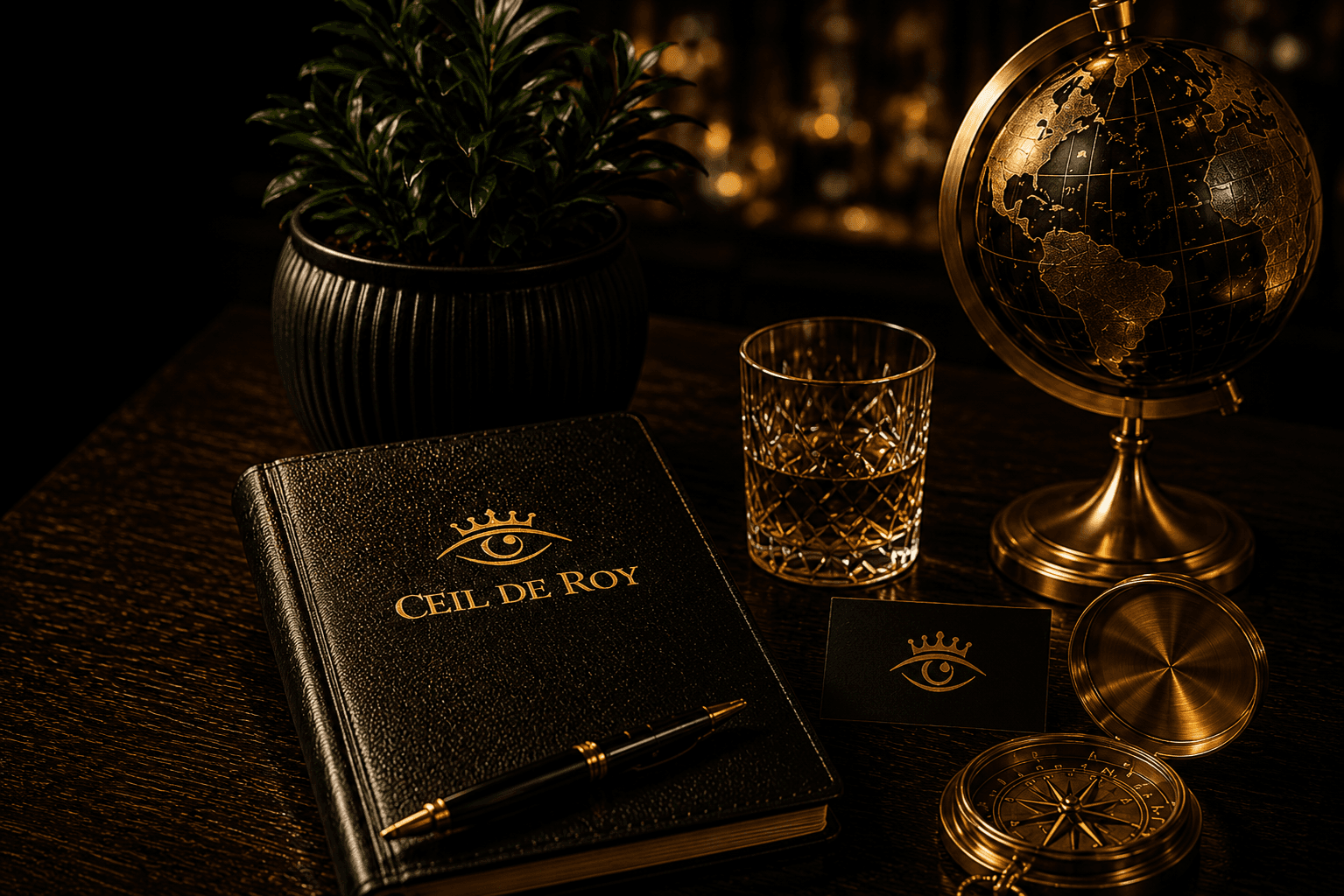 Carnet Œil de Roy, stylo, globe et verre sur un bureau sombre