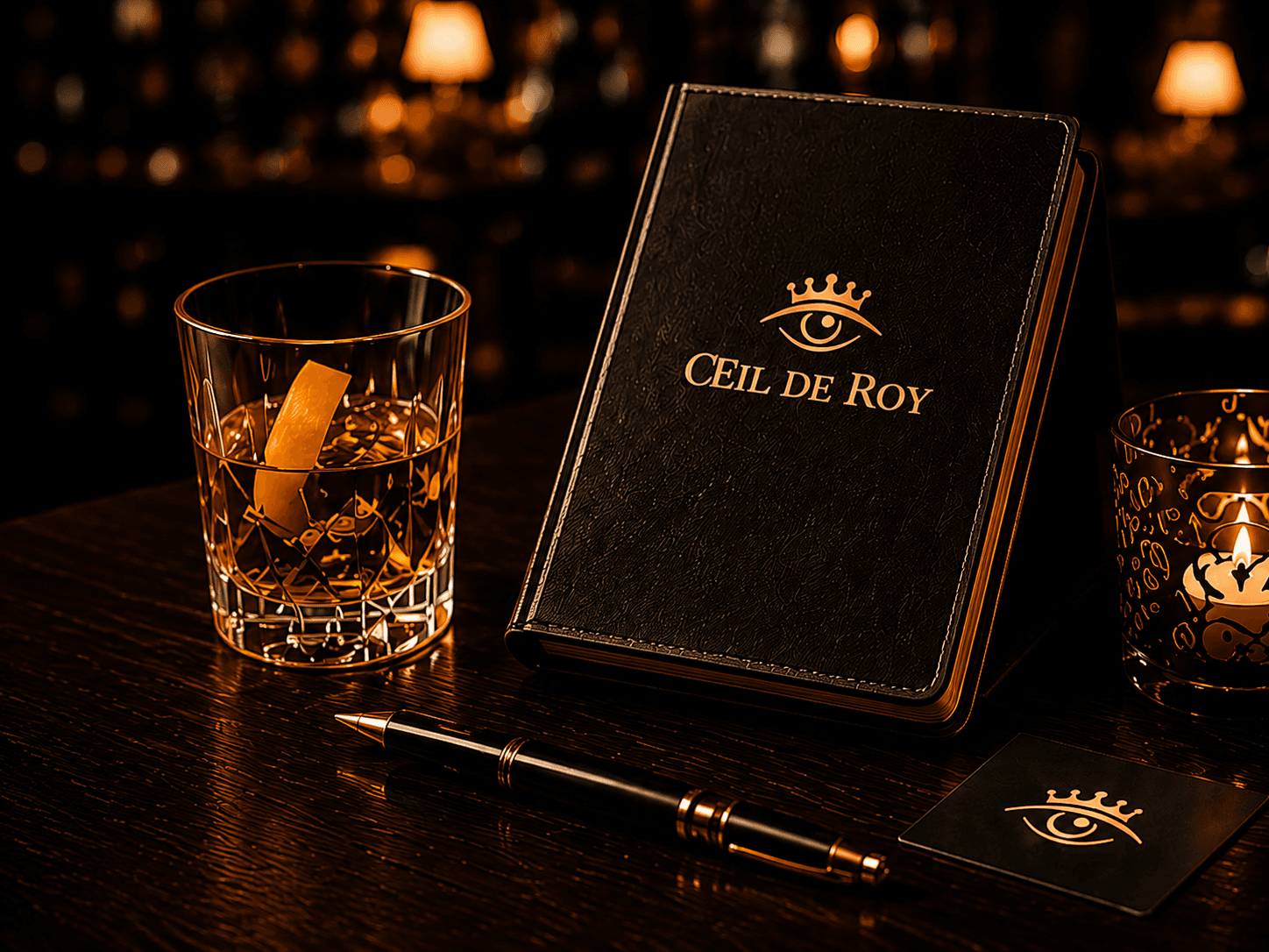 Verre, carnet Œil de Roy et stylo sur un comptoir de bar sombre